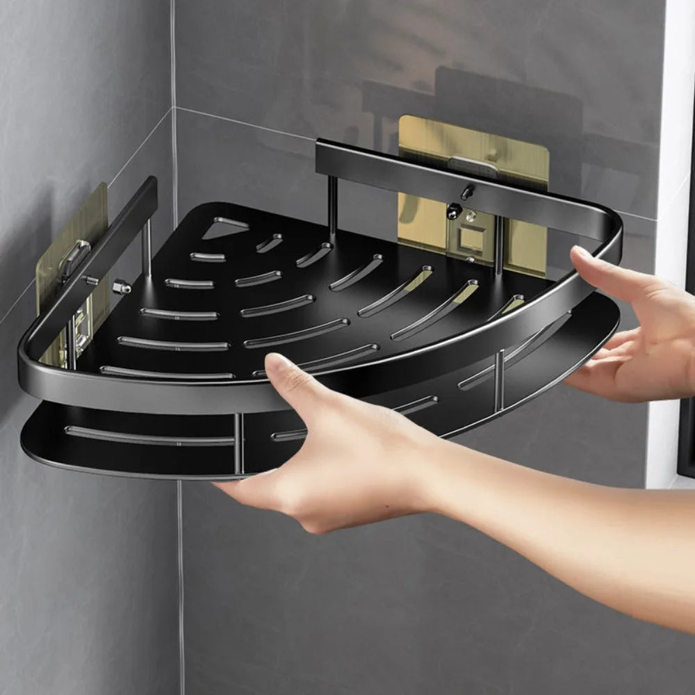 Wall-mounted no drill shower shelf, corner bathroom storage rack, black aluminum.