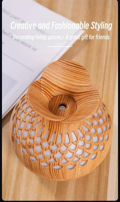 Wood grain humidifier with creative styling on wooden surface.