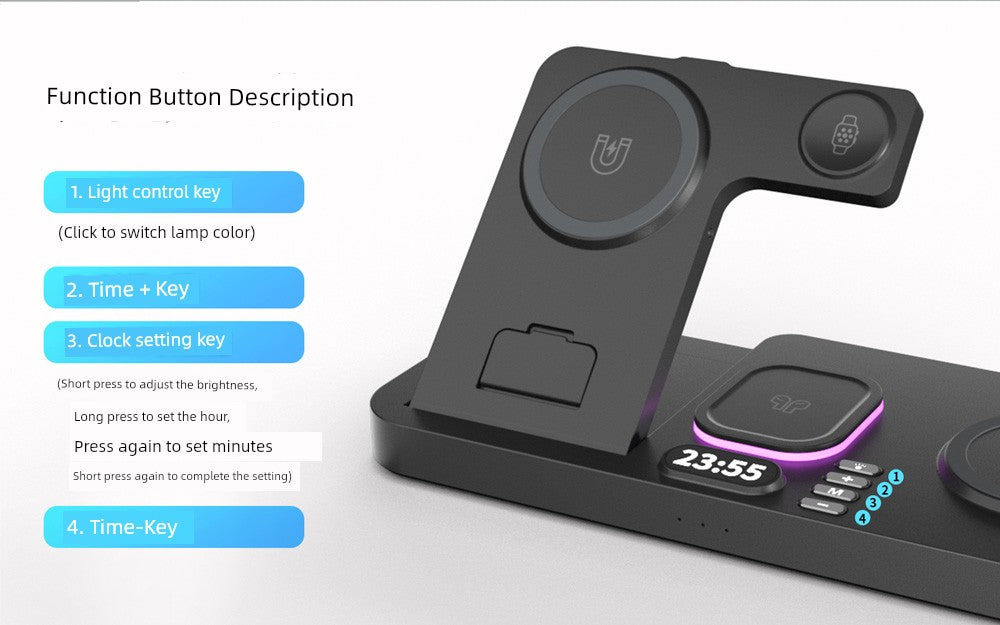 3 in 1 wireless charging station with light control and clock setting features.