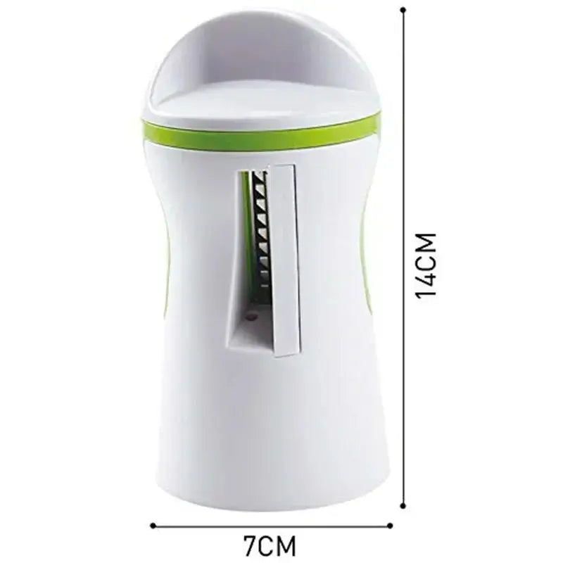 Vegetable spiralizer with stainless steel blades, eco-friendly design, dimensions 14cm x 7cm.