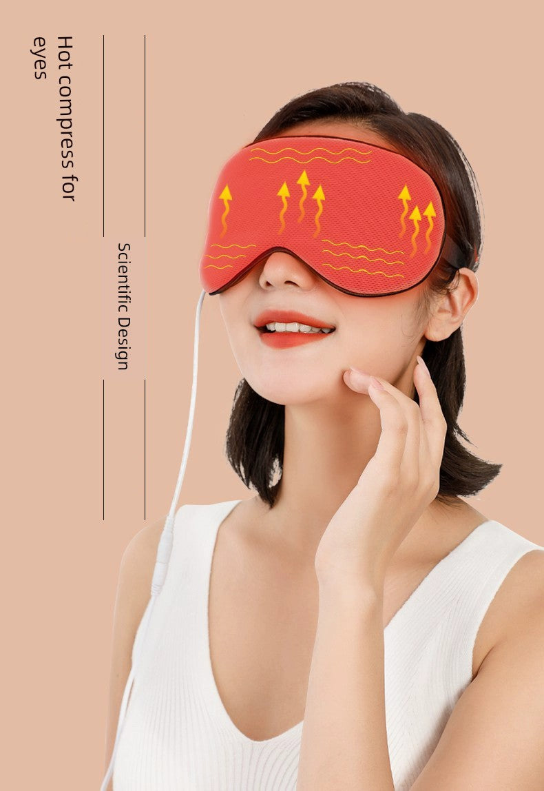 USB heated eye mask promoting eye blood circulation, featuring steam technology, worn by a model in a relaxed pose.