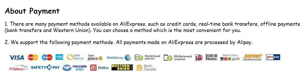 Payment options available on AliExpress, including credit cards, bank transfers, and more.