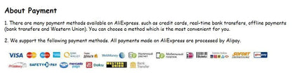 Payment options available on AliExpress, including credit cards, bank transfers, and more.