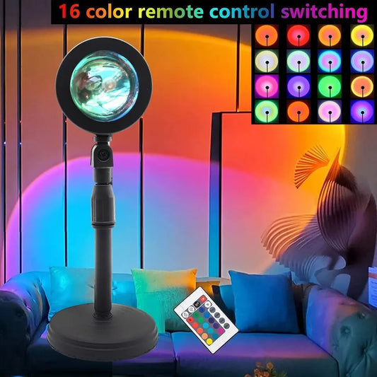 Sunset lamp projection with 16 color options and remote control, 360° rotation for photography and ambiance lighting.