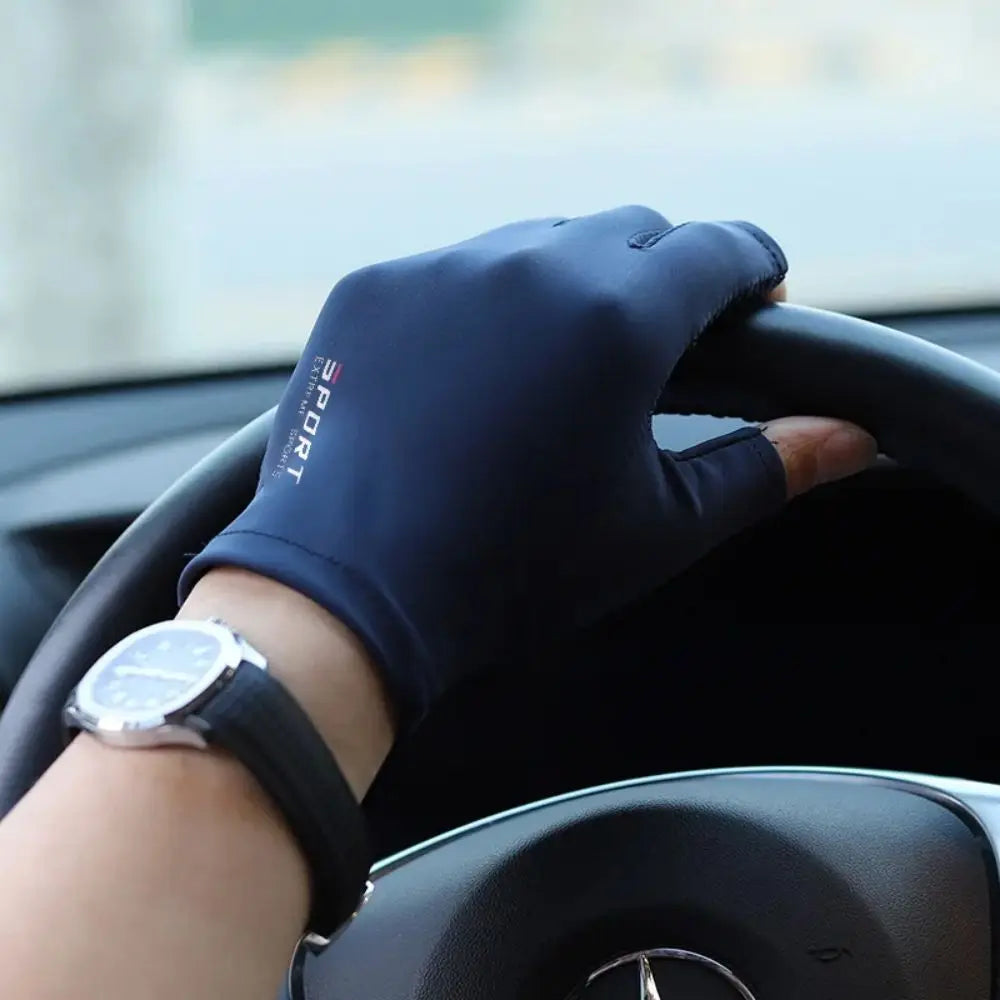 Unisex ice silk cycling glove on hand gripping a steering wheel.