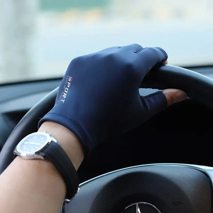 Unisex ice silk cycling glove on hand gripping a steering wheel.