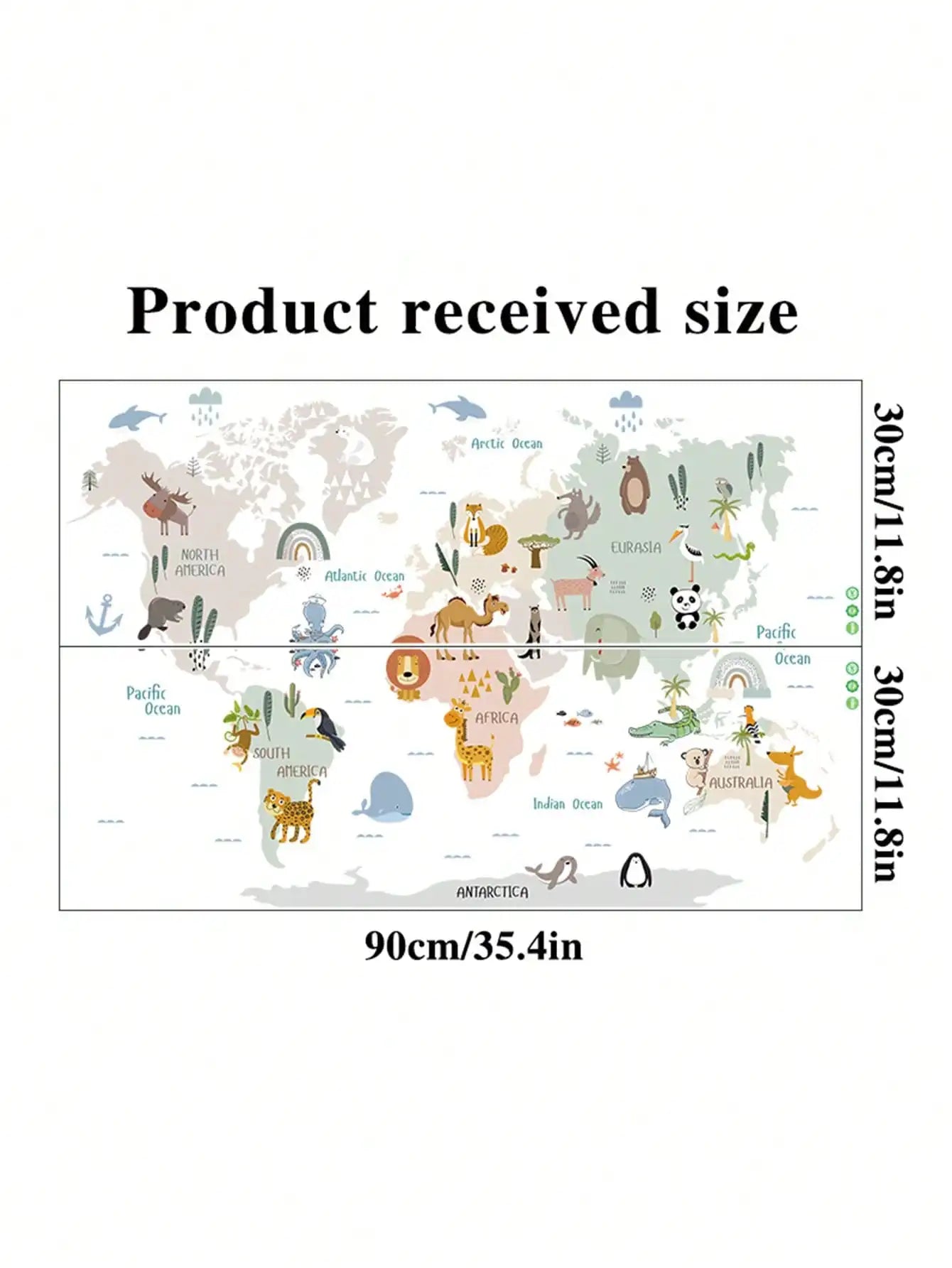 kids world map wall sticker with cartoon animals and dimensions of 90cm x 60cm for children's room decoration.