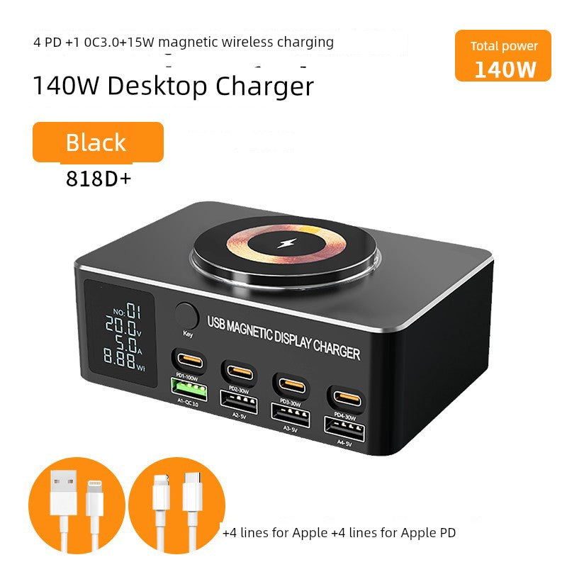 140W GaN fast charger with PD, USB, Type-C ports, and magnetic wireless charging.