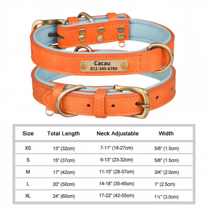 Personalized leather dog collar with customizable ID tag, adjustable for various sizes.