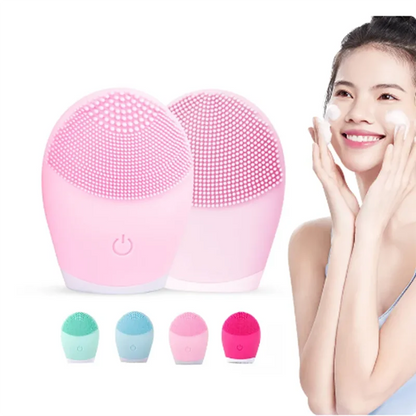 Electric facial cleansing brush with silicone bristles in pink, blue, and green colors, featuring vibration massage for deep pore cleaning.