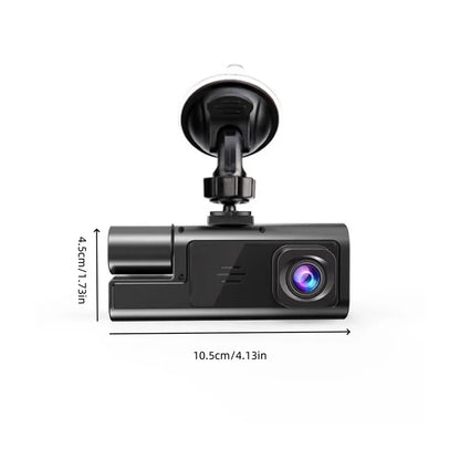 Compact dash cam with dual lenses, suction mount, and built-in battery for clear 720p recording.