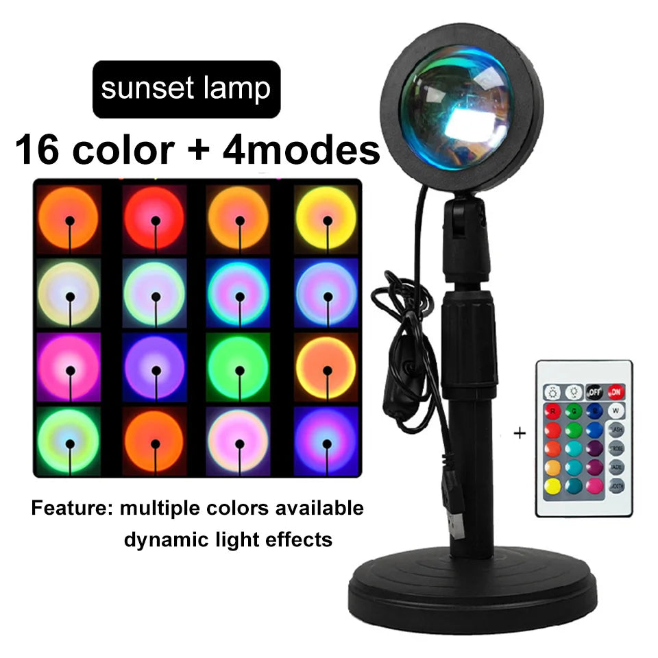 Sunset lamp with 16 colors and 4 modes, featuring remote control and 360° rotation for dynamic lighting effects.