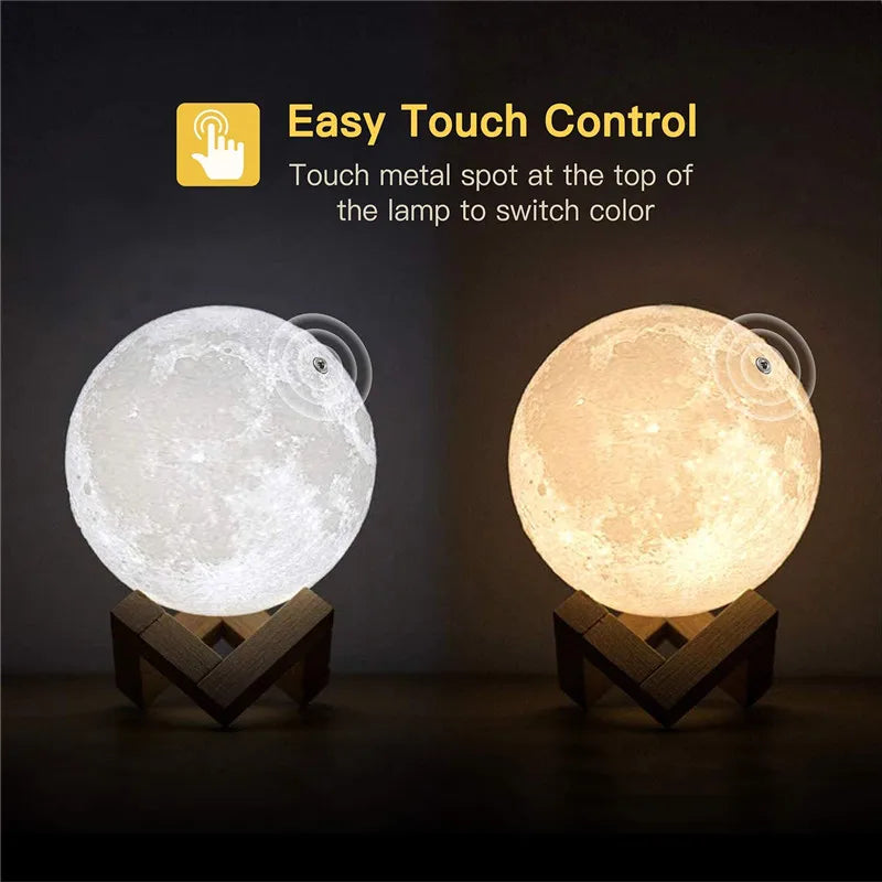 3D moon lamp with easy touch control, displaying both white and warm yellow color options on a wooden mount.