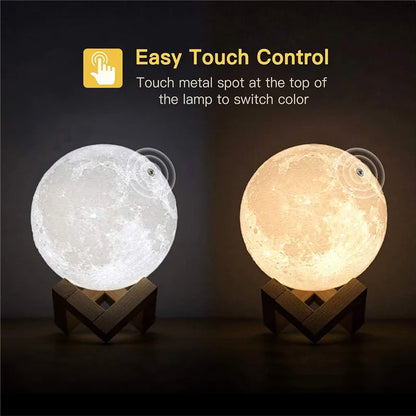 3D moon lamp with easy touch control, displaying both white and warm yellow color options on a wooden mount.
