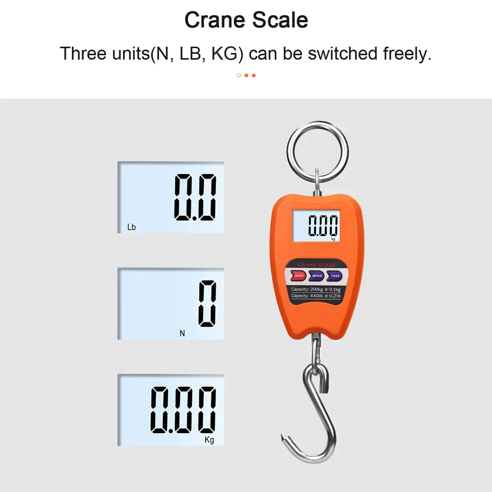 Portable luggage scale displaying weight in three units with an orange body and sturdy hook.