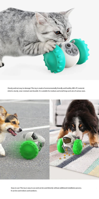 Interactive treat dispensing dog toy with durable green wheels for pets.