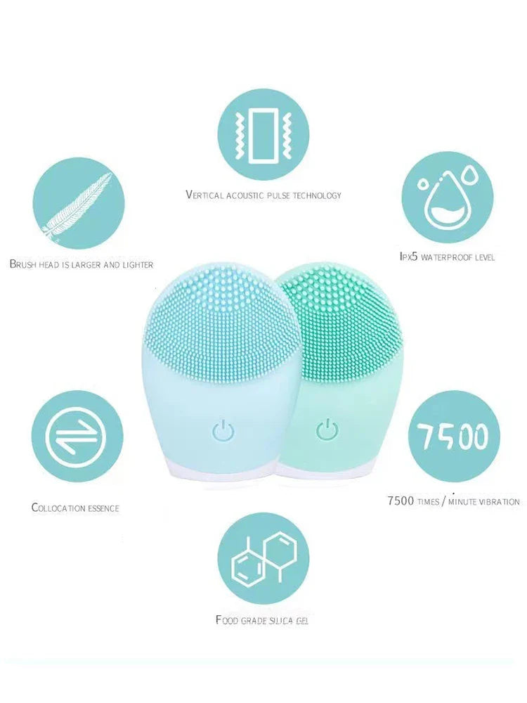Electric facial cleansing brush with vibration technology and waterproof design.
