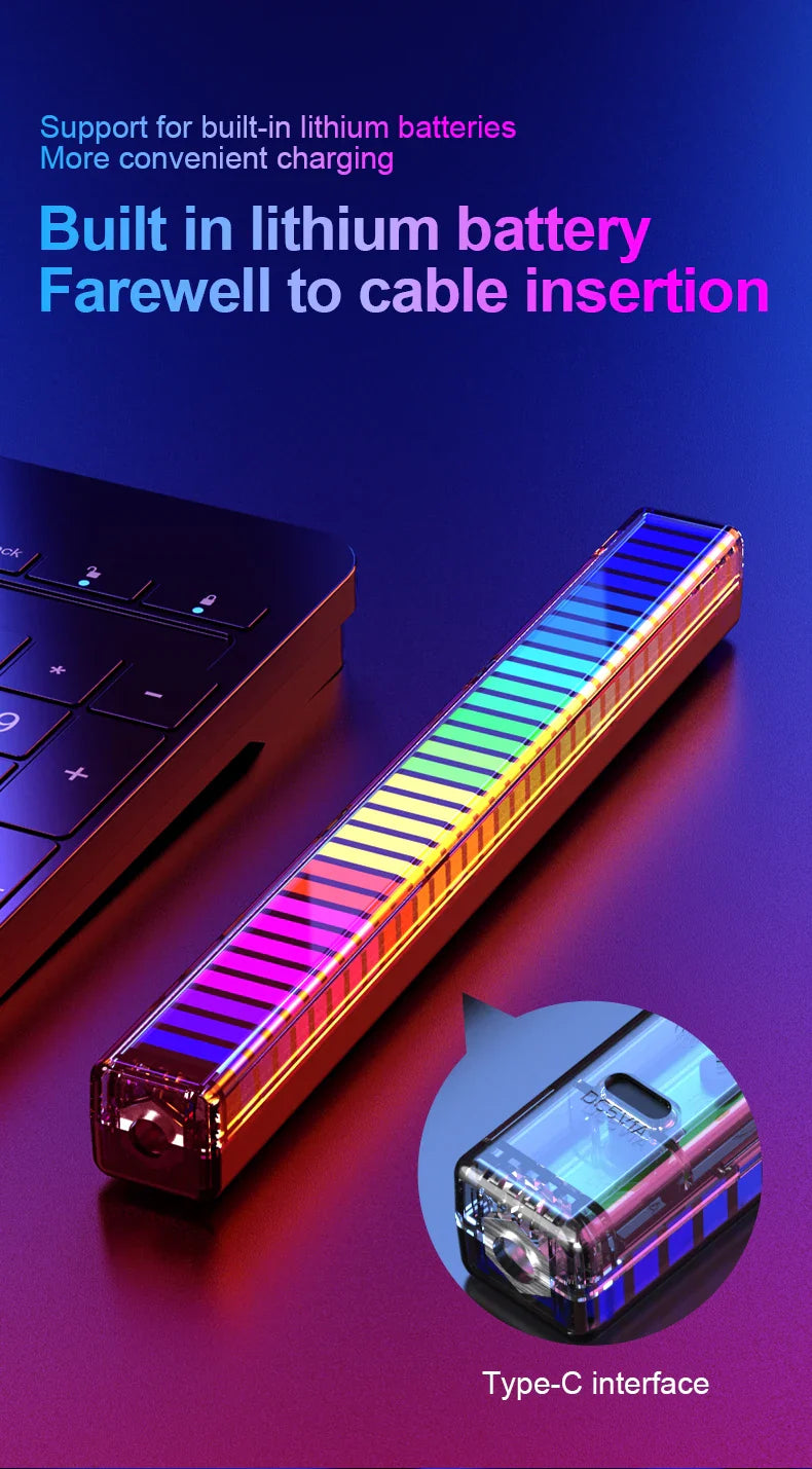 RGB Pickup Light with built-in lithium battery and Type-C interface for ambient music rhythm lighting.