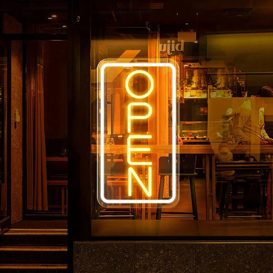 Vertical open neon sign in a warm amber glow, ideal for clubs, restaurants, cafes, and decorative wall mounting.