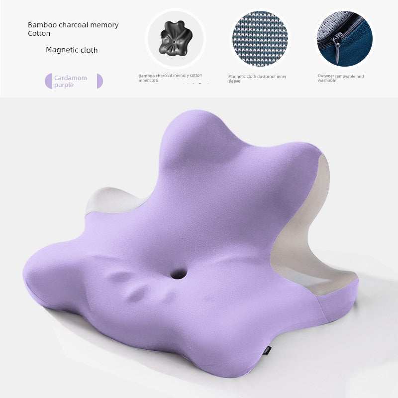 Purple ergonomic cervical support neck pillow made from bamboo charcoal memory foam, designed for optimal sleep comfort.