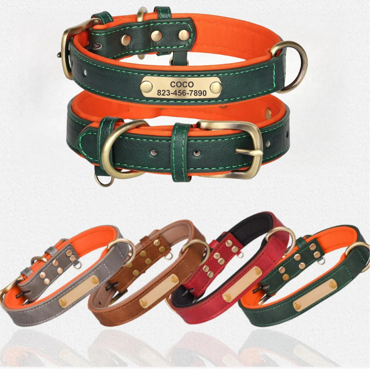 Personalized leather dog collar with custom nameplate and soft padding, available in multiple colors.