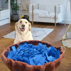 snuffle mat for dogs with blue fleece and felt interactive toy in a cozy room setting