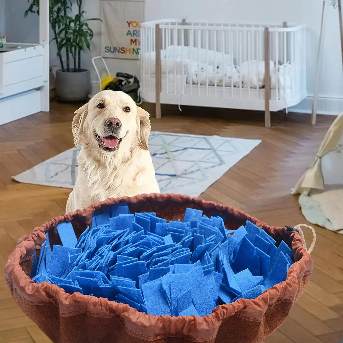 snuffle mat for dogs with blue fleece and felt interactive toy in a cozy room setting