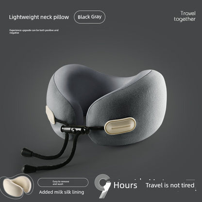 U-shaped travel pillow in black gray with memory cotton and retractable folding design for neck support on aircraft.