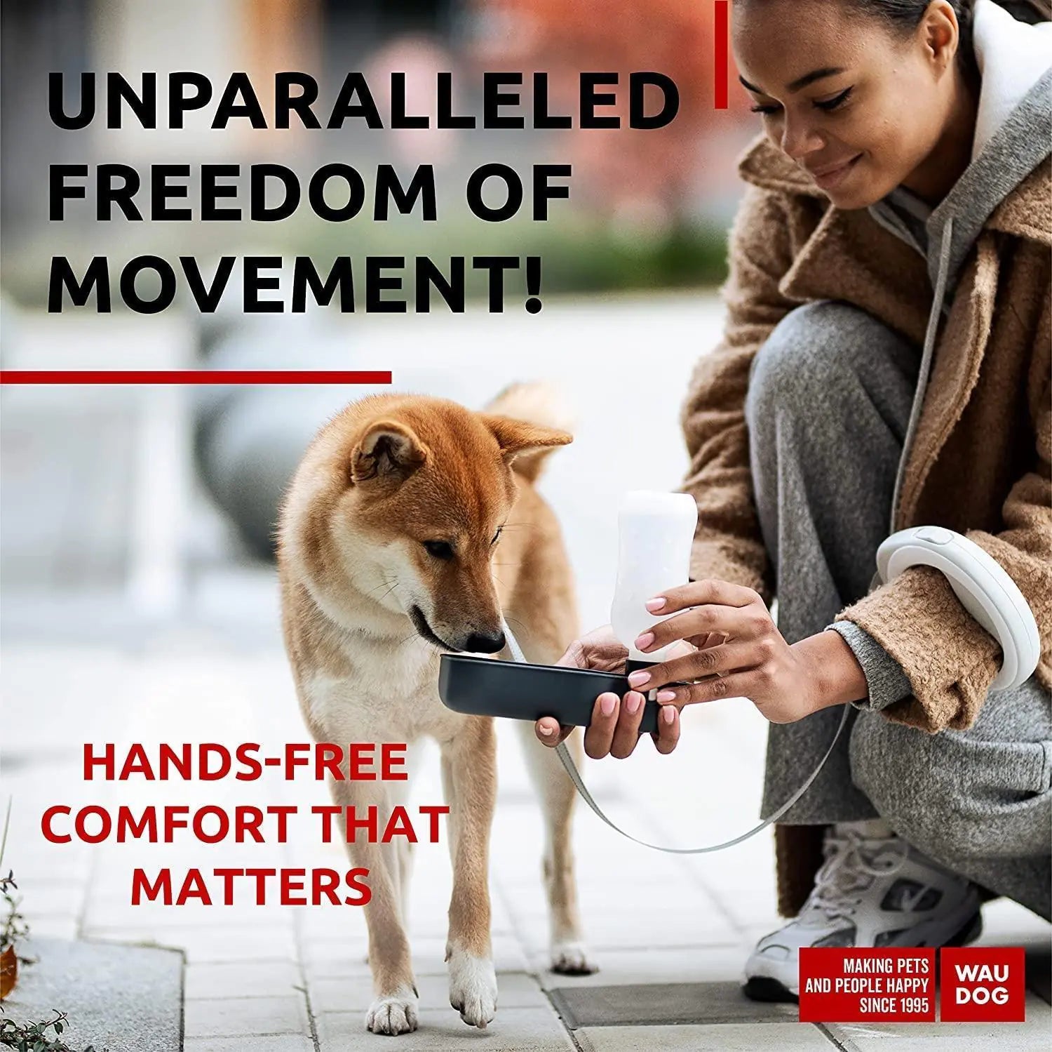 White hands free retractable dog leash with ergonomic handle and reflective strip for small to large dogs