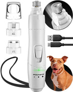 Rechargeable dog nail grinder with LED light, diamond grinder head, multiple caps, USB charging cable, and a happy dog.