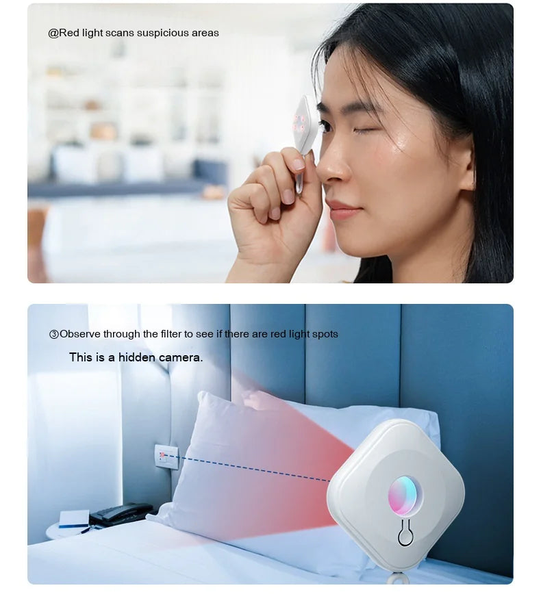 Smart Mini Camera Detector scanning for hidden spy cameras with red light detection filter and portable design.