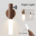 Magnetic motion sensor LED night light with wooden base, USB rechargeable and warm glow
