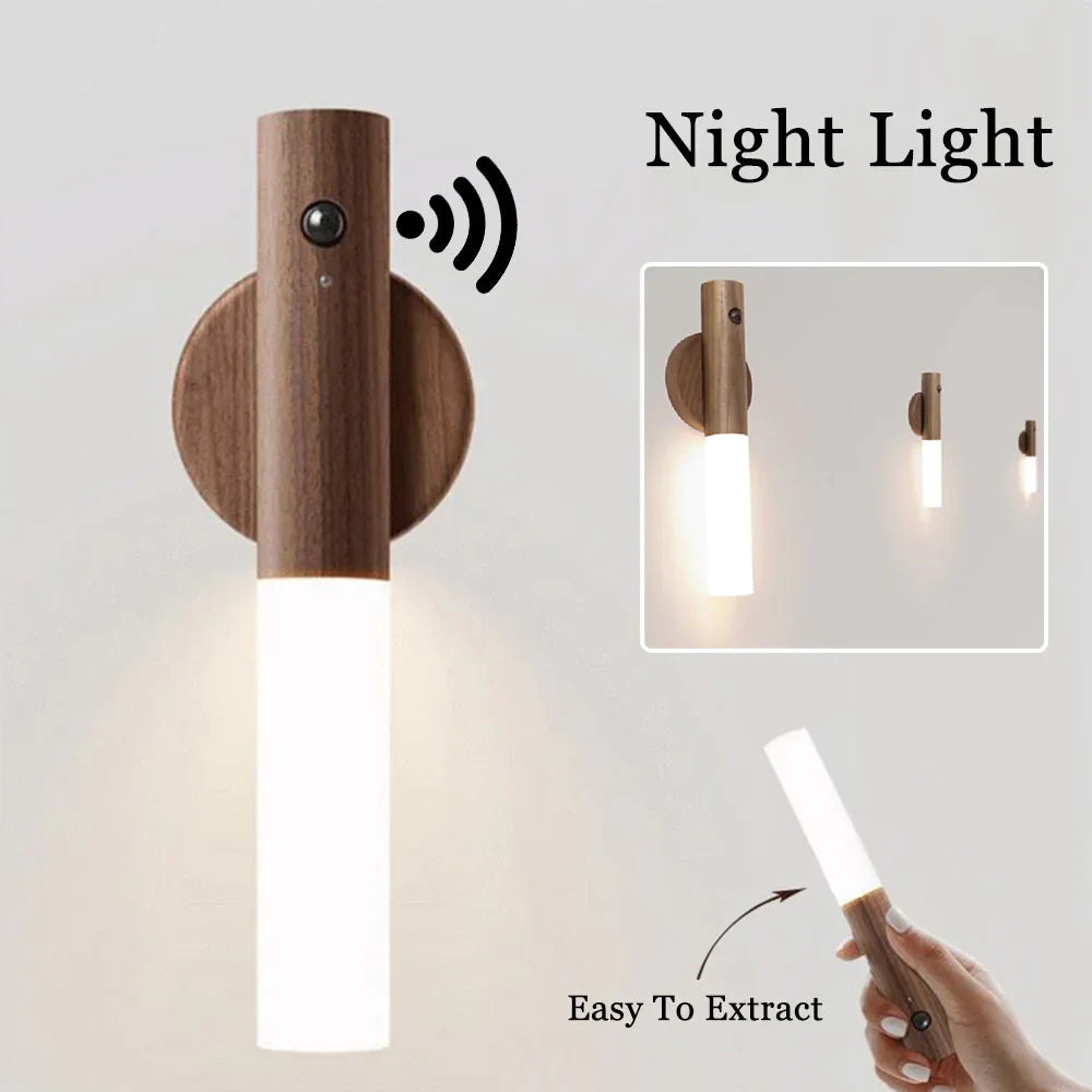Magnetic motion sensor LED night light with wooden base, USB rechargeable and warm glow