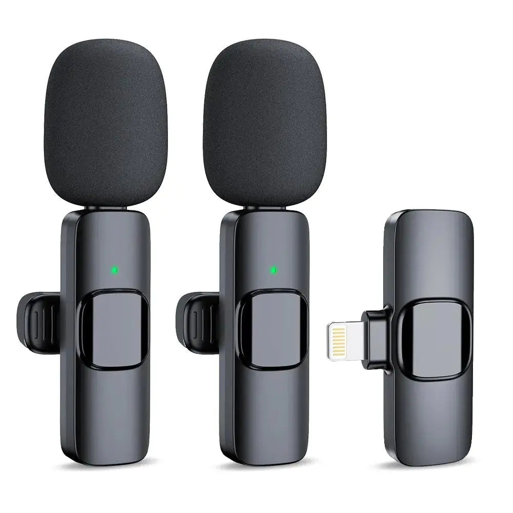 Wireless stereo lavalier microphone set with noise reduction, wireless clip-on design, and high-sensitivity recording for smartphones and video audio.