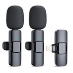 Wireless stereo lavalier microphone set with noise reduction, wireless clip-on design, and high-sensitivity recording for smartphones and video audio.