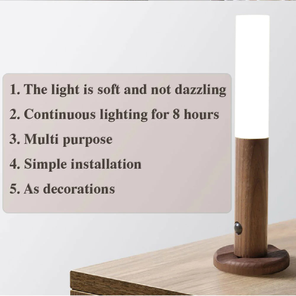 Magnetic motion sensor LED night light with wooden base and warm glow
