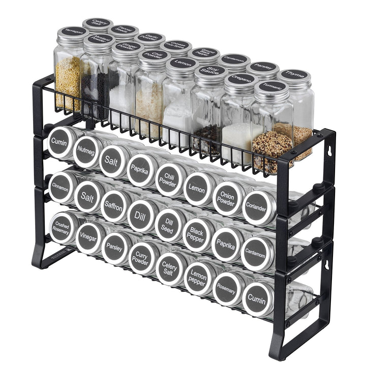 Spice rack organizer with multiple bottles neatly arranged on kitchen countertop and cabinet shelf