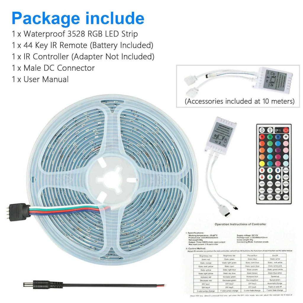 Waterproof flexible LED strip light kit with 44 key IR remote and controller for indoor and outdoor use