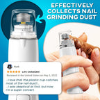 Dog nail grinder with LED light and plastic dust collection cup safely trims and collects nail dust from dogs of all sizes