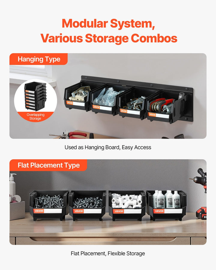 Wall mounted storage bins for garage and workshop organization with label stickers and durable pegboard design
