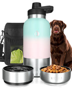 Portable dog water bottle with detachable bowls, carrying case, and dog food bowl for hiking and travel