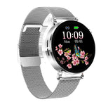 Silver steel smart watch heart rate monitor with customizable display and mesh band