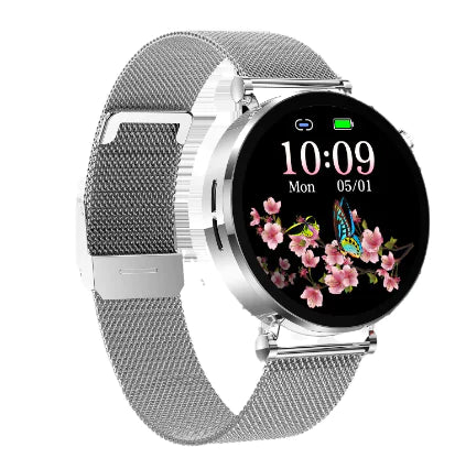 Silver steel smart watch heart rate monitor with customizable display and mesh band