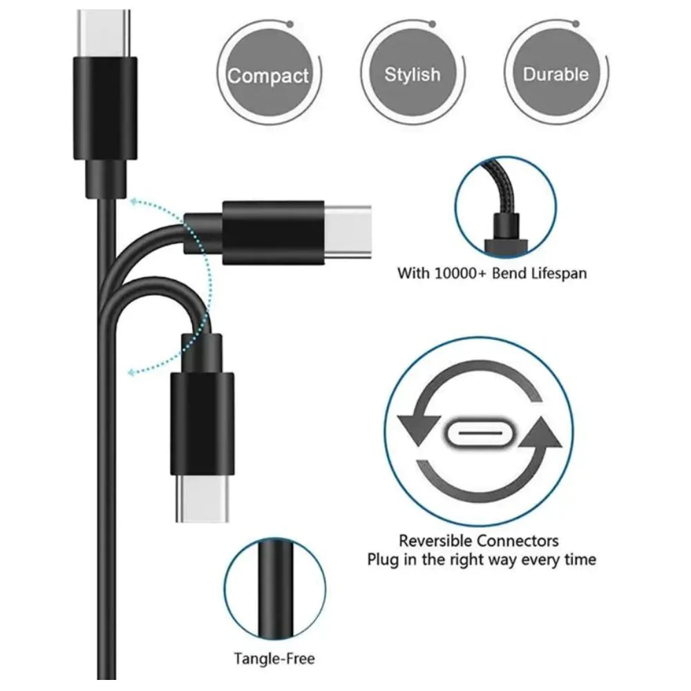 10ft Type-C USB-C charging cable with reversible connectors, tangle-free design, and durable construction for fast charging and data syncing