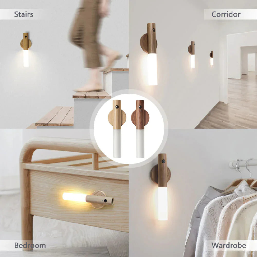 Magnetic motion sensor LED night light with wooden base, warm glow, USB rechargeable, shown in stairs, corridor, bedroom, and wardrobe settings