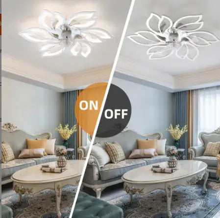 Modern acrylic ceiling fan with remote-controlled lights and 3 color temperatures in elegant living room