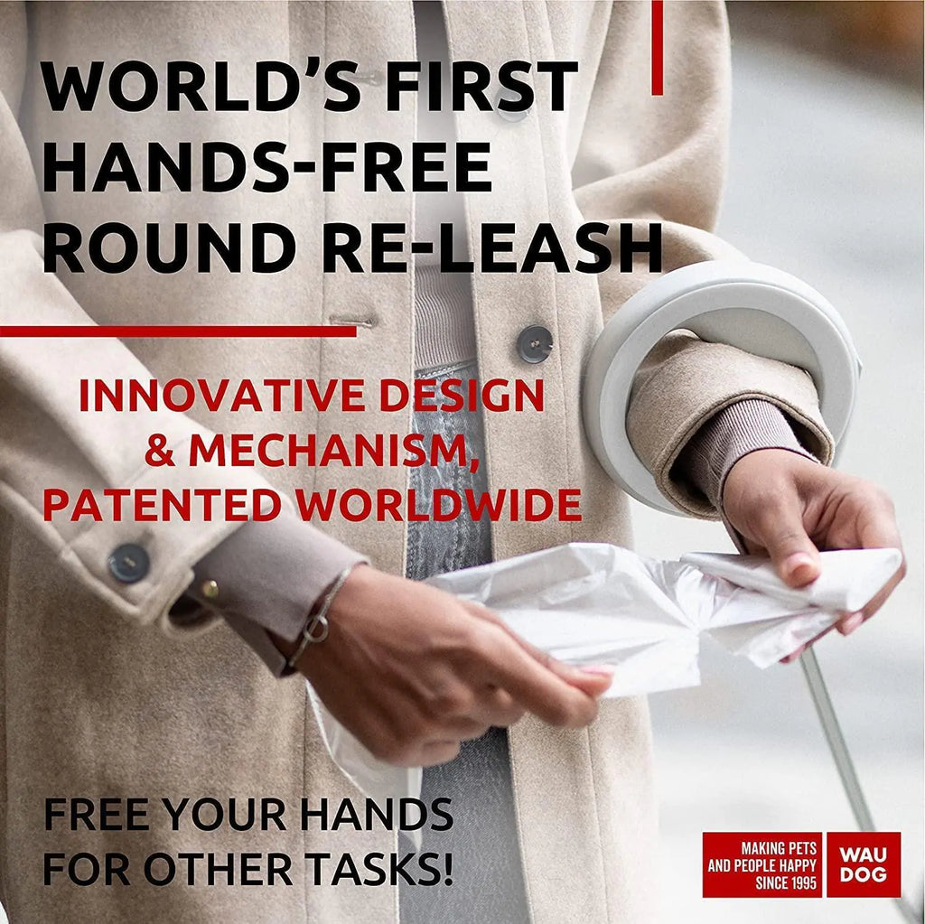 White hands free retractable dog leash with ergonomic round handle and reflective strap for small to large dogs, 9.5 ft length