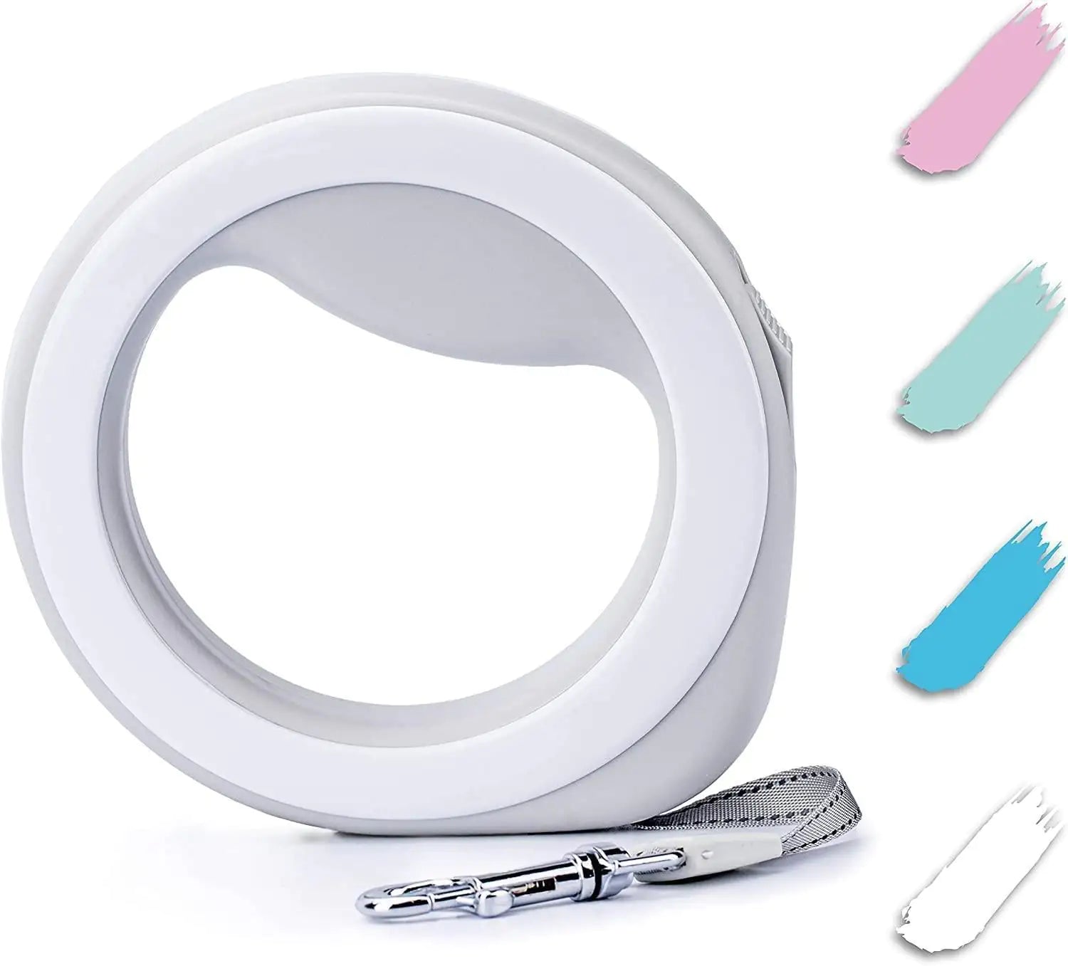 White hands free retractable dog leash with ergonomic round handle and reflective strap for small to large dogs