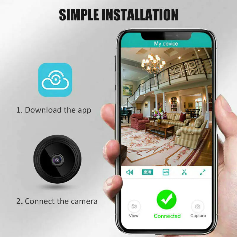 Mini wireless hidden camera with WiFi, night vision, and HD 1080P for home security shown with mobile app interface.