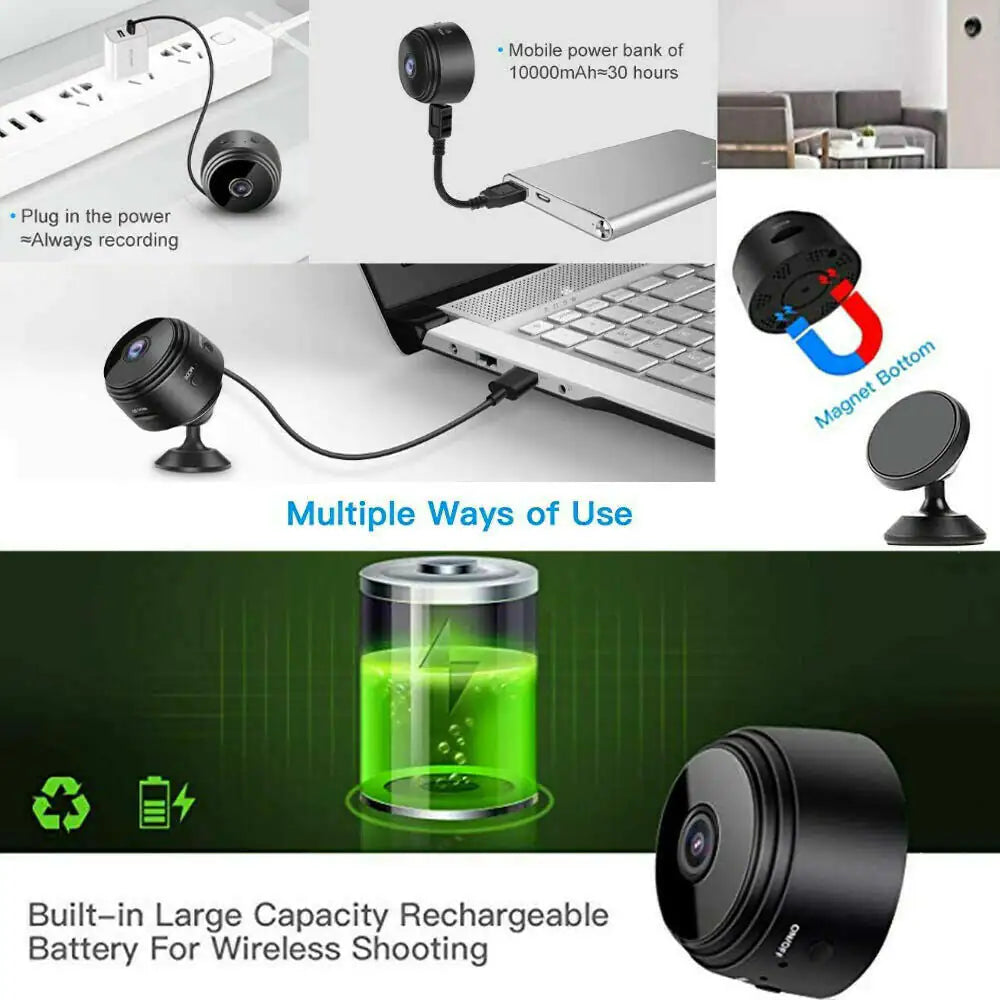 Mini wireless hidden camera with 1080P HD, night vision, WiFi, rechargeable battery, and magnetic base for home security.